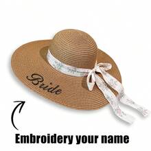 1pc Customizable Straw Hat With Large Brim, Embroidered With Name, Text Or Phrase, Suitable For Beach, Travel, Mother's Day, Bachelor Party, Wedding, Comes With Bowknot Ribbon, ,Colorful,Cute,Adorable,Funny,Kawaii,Y2K,Stylish,Unisex,Casual,Custom,Personalized,Unique,Customized,Ideal Gifts For Him,Ideal Gifts For Her,Her,Boyfriend,Girlfriend,Family,Friends - Multicolor - View 1