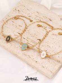 1pc Fashion Stainless Steel Bracelet For Women Lake Blue Black White Enamel Geometric Square Pendant Bracelet Jewelry Gifts - Bracelet - View 5