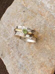 1pc Bohemian Style Yellow Circle Green Plastic Rhinestone Ring, Jewelry Gift Suitable For Women For Daily, Party, Travel Wear - Antique Silver - View 1