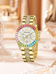 两件套金色女士手表套装，奢华时尚百搭，包含一款镶钻石英表，适合日常佩戴或作为节日礼物。 - 金色 - 查看 2