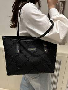 1pc Black Nylon Smooth Zipper Rhombus Pattern Rivet Inlaid Fashion Versatile Casual Commute Chic Shoulder Tote Bag, Suitable For Women's Daily Use - Black - View 2