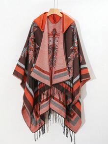 1pc New Geometric & Floral Print Hooded Cape/Shawl - Multicolor - View 13