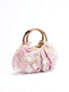 1pc Colorful PVC Sequin Patched Mesh Floral Embroidery Cloud Decor Foldable Linen Beach Tote Bag, Fashionable Unique Design For Women, Suitable For Summer Beach Holiday (Floral Pattern Random), Sparkling Sequin Bags Ladies Elegant - Pink - View 5