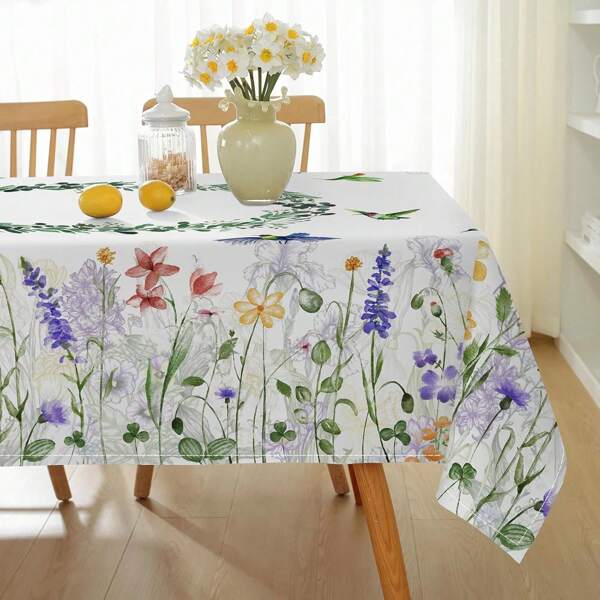 1pc Rectangle Watercolor Wild Flowers & Birds Decorative Tablecloth, Colorful Floral Wrinkle-Resistant Polyester Tablecloth For Outdoor Picnic Party