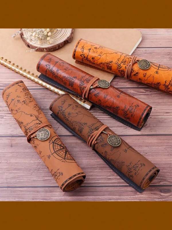 A Unique Map, Nostalgic Retro Pencil Case, Large Capacity Pencil Case, Portable Printed Buckle Pencil Case, PU Leather, Suitable For Cosmetics, Brushes And School Supplies, Cute Simple Creative Map Leather Pencil Case