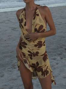 Beach Holiday Printed Lace-Up Butter Yellow Dress For Women Sexy Halter Neck Backless Mini Dress Elegant Sleeveless Robe Graduation Outfit