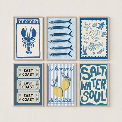 Conjunto de 6 cuadros de arte de pared azul mediterráneo, impresión en lienzo de escena costera, decoración náutica de playa para dormitorio, sala de estar o cocina, con sardinas, limones, langosta, regalo para ella, sin marco