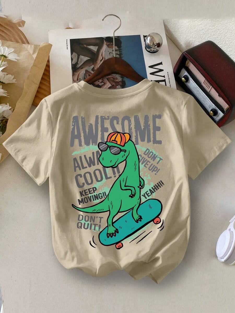 Young Boy“YongBoy”休闲滑板恐龙涂鸦字母印花圆领T恤，夏季 - 卡其色 - 查看 1