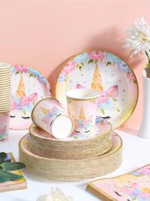 1 Set (25pcs) Golden Unicorn Disposable Plates, Napkins And Cups, Suitable For 25 Guests, Disposable Paper Plates Party Supplies For Birthday, Wedding, Party, Family Picnic
