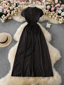 Đầm thời trang xuân hè màu trơn buộc eo cổ chữ U tay ngắn cho nữ - màu đen - Xem 7