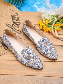 Export Plus Size EU 35-45 Blue & Yellow Ditsy Floral Pointed Toe Flat Slip-On Casual Loafers, Versatile Comfortable Lightweight Women's Flat Shoes For Spring, Summer, Autumn - Blue and Yellow Small Florals - View 8