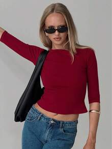 ii Women Solid Color Round Neck Short Sleeve Cropped Casual Top, Daily Wear - Red - View 2
