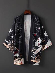 Japanese Style Vintage Loose 3/4 Sleeve Printed Kimono Cover Up, Summer Beach Vacation Swimwear Cover-Up, Lightweight Outerwear - Black - View 2