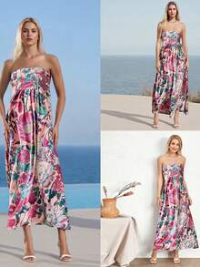 Womens Bohemian Long Dress Summer Sleeveless Spaghetti Strap Back Cutout Floral Dress Flowy Beach Dress - Pink - View 9