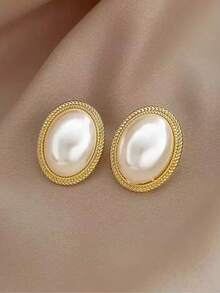 1 对时尚巴洛克珍珠耳环，经典欧式风格，简约韩式设计，百搭耳环 - 金黃色 - 查看 9
