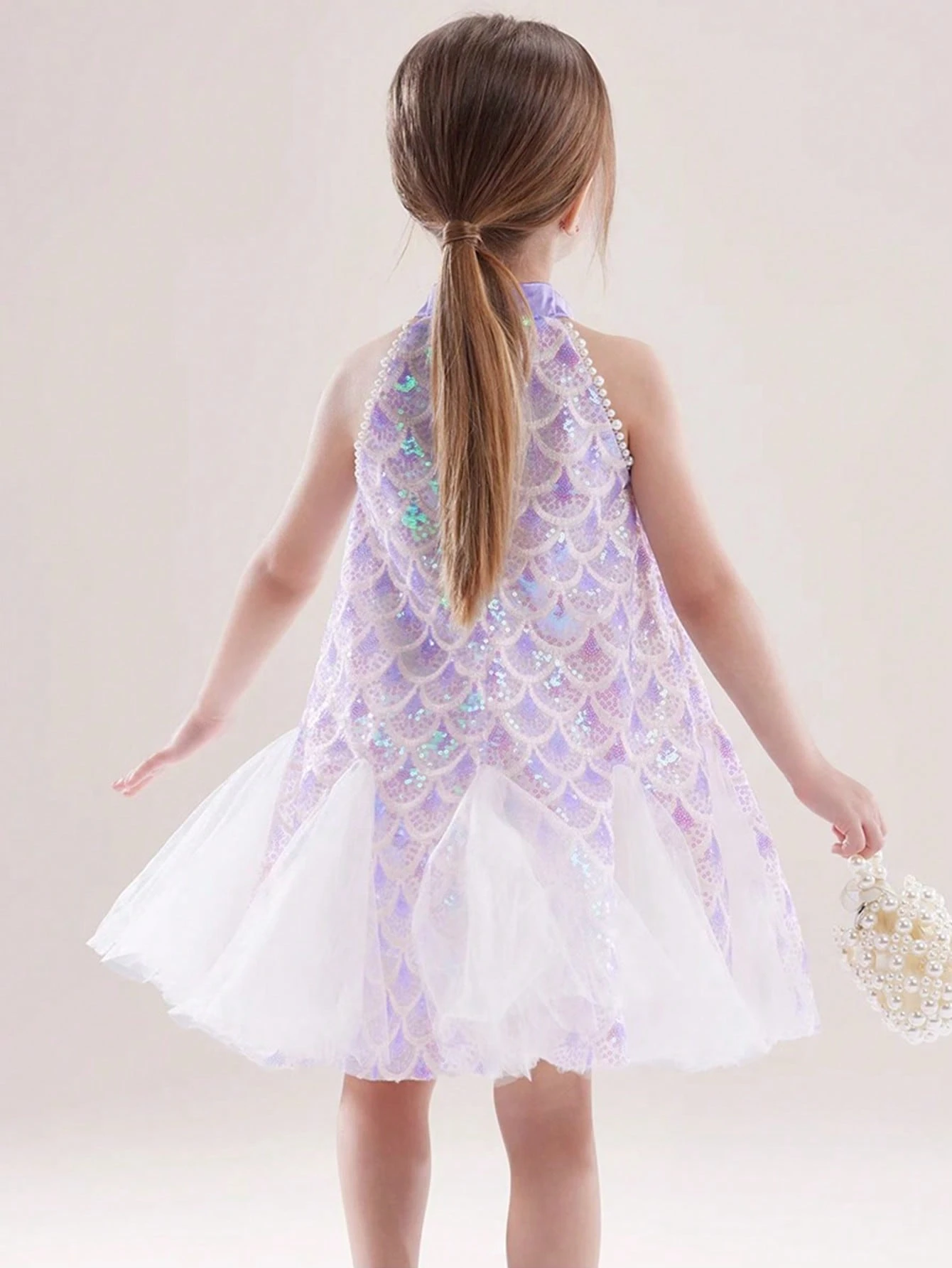 This Sleeveless Mermaid Mesh Dress Features A White Pearl Fish Scale Sequin