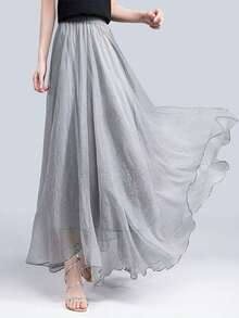 LUCIDVUE 1 Piece Summer Outfits For Women Skirt Peacock Blue Glittering Fabric Double Chiffon Skirt Two Ways To Wear It Beach Vacation Outfits Big Swing Elegant Skirts Return Long Dresses - Light Grey - View 7