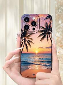 Summer Phone Case Iphone1pc Beautiful Sunset Beach Printed 2D Pattern Creative High-End Casual Vacation Sunset Beach Aesthetics Style Suitable For Sending To Elders, Friends, Family, Couples, Yourself Birthday Gifts, Holiday Gifts, Black Frosted Soft Case With Full Protection Against Dust And Water, Compatible With IPhone16/15/14/13/12/11/Pro/ProMax/X/XR/XS/XSMAX/7/8/PLUS And Models
