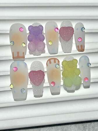 10PCS Sweet Y2K Fake Nails Dopamine Bear Gummy Handmade Wearable Nails Cute Sugar Bear Nail Art Removable Nail Patches Press On Nails Coffin Nails Press On Nails Medium Nail Supplies(1 Sheets Jelly Stickers+1PC Nail File)