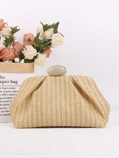 Elegant Woven Straw Clutch Bag - Boho Elegant For Women, Summer Beach Wedding Purse With Decorative Buckle, Crossbody Party Bag, Perfect Holiday Gift
