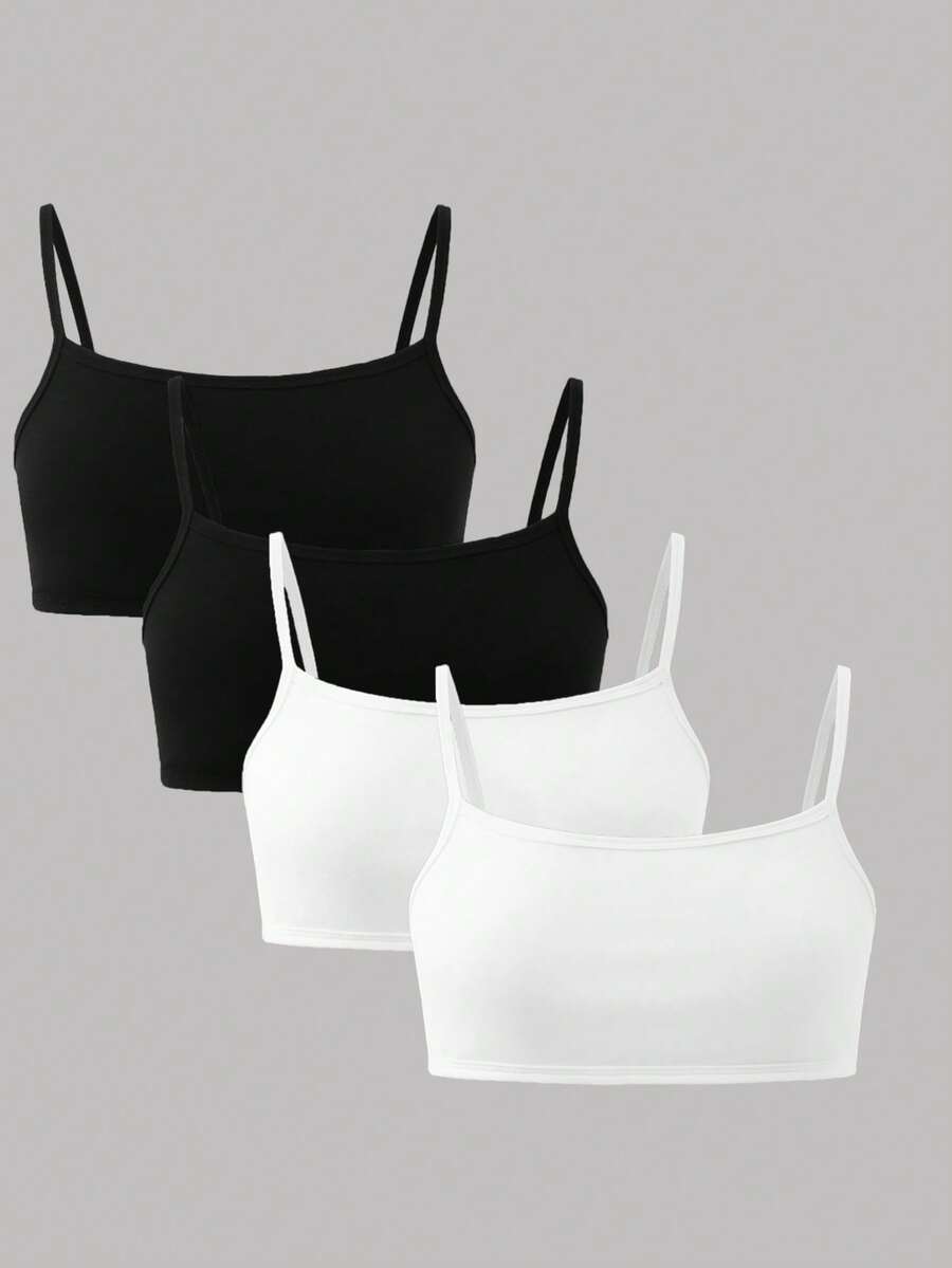 Chatreadl 4pcs/Set Cute Casual Solid Color Camisole Bra Top For Girls, Suitable For All Seasons