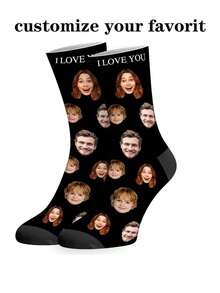 1 Pair 2025 New Head Socks, Couple Custom Socks, Custom Fun Crewneck Socks (With Photos) As A Lady's Gift, Sports Socks, Men's Gift Custom Valentine's Day Birthday Gift, As A Valentine's Gift, Men's Novelty Socks, Women's Novelty Socks, Family Custom Socks - Black - View 2