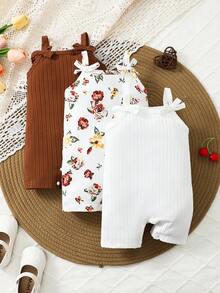 3 件套婴儿/女宝宝可爱休闲双蝴蝶结肩带连体衣，适合夏季日常穿着 - 彩色 - 查看 3