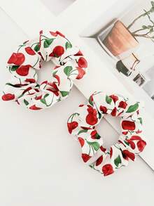 2pcs Cherry & Strawberry Fruit Print Hair Scrunchies, Sweet & Fashionable Hair Accessories For Ladies Hair Ties Scrunchy Hair Ties - 2pcs Cherry + Strawberry - View 6