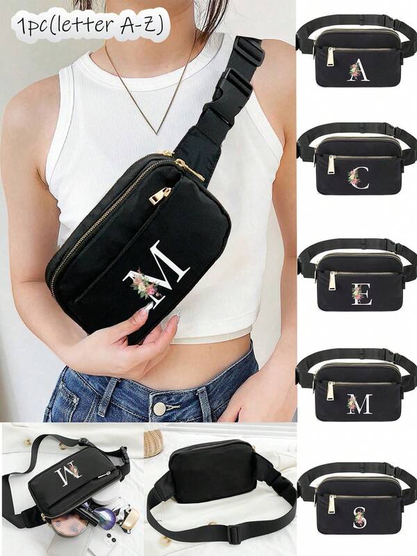 This Black Double-Layer Zipper Small Waist Bag, Solid Color Chest Bag, Sling Bag, Sports Gym Bag, Pink Floral White Initials A To Z Pattern Design Wallet, Waist Bag, Coin Purse, Outdoor Chest Bag, Mobile Phone Storage, Waterproof Sports Adjustable Shoulder Bag, Unisex, Suitable For Sports, Running, Traveling, Shopping, Can Also Be Given As A Gift To Friends, Family, Birthday Gifts, Anniversary Gifts, Father's Day Gifts, Mother's Day Gifts.