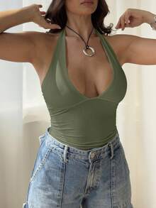 3pcs/Set Mystra Women's Solid Color Pleated Slim Fit Halter Neck Camisole