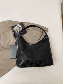 Fashionable PU Woven Commuter Tote Bag, Simple Niche Design Underarm Bag, Large Capacity Shoulder Messenger Bag - Black - View 8