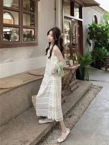 女士甜美度假休闲百搭蕾丝吊带长裙，夏季 - 杏色 - 查看 1