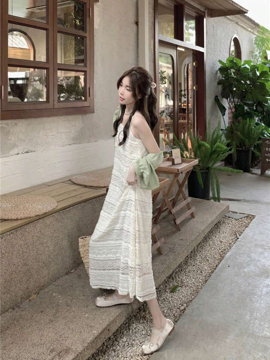 女士甜美度假休闲百搭蕾丝吊带长裙，夏季 - 杏色 - 查看 1