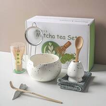 手工陶瓷碗和天然竹搅拌器茶碗勺日本茶道抹茶套装返校 - 彩色 - 查看 1