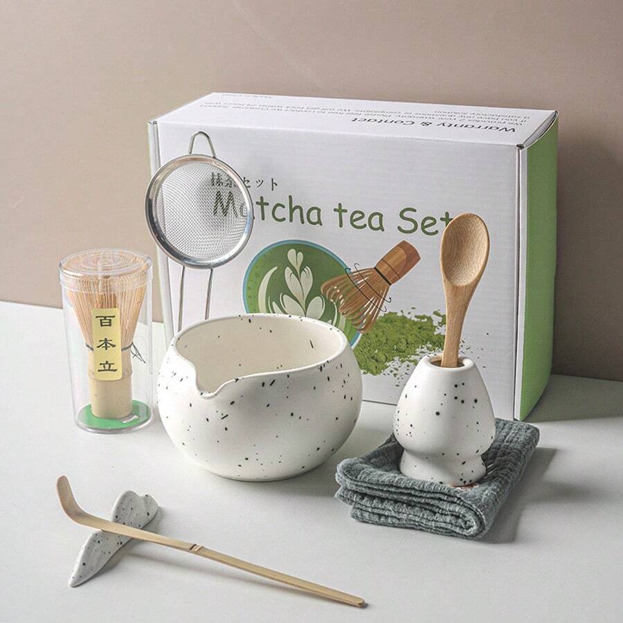 手工陶瓷碗和天然竹搅拌器茶碗勺日本茶道抹茶套装返校 - 彩色 - 查看 1