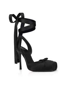 Nuevos zapatos de tacón alto, elegantes y de moda, con punta cuadrada, correa de tobillo, lazo de satén, punteras tipo ballet y suela negra para damas en primavera
