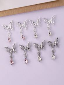 10 pezzi di decorazioni a forma di farfalla 3D, pendenti a goccia d'acqua, accessori per unghie, gioielli in lega 3D di colore argento e rosa, adatti per decorazione fai-da-te delle unghie