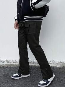 Men's Solid Color Cargo Pants, Straight Leg Casual Trousers With Large Capacity Pockets To Meet Daily Needs, Minimalist Design Suitable For Versatile Styling, An Essential Choice To Showcase Personalized And Practicality. - Black - View 1