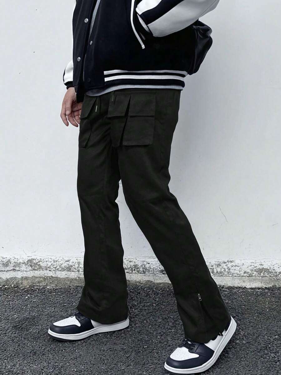 Men's Solid Color Cargo Pants, Straight Leg Casual Trousers With Large Capacity Pockets To Meet Daily Needs, Minimalist Design Suitable For Versatile Styling, An Essential Choice To Showcase Personalized And Practicality. - Black - View 1