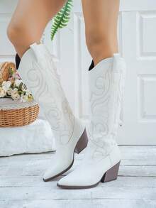 Women's Fashion Western Style White PU Leather Embroidered Chunky Heel Mid-Calf Boots, Pointed Toe Slip-On Classic Straight Shaft Boots, Suitable For Indoor, Outdoor, Party, Fit For Retro, Sexy, Casual, Elegant Styles - White - View 6