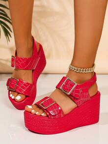 Sandali con zeppa e plateau, scivolo, punta aperta e tacco alto da donna, rossi, di moda, versatili, antiscivolo, con suola spessa, scarpe estive