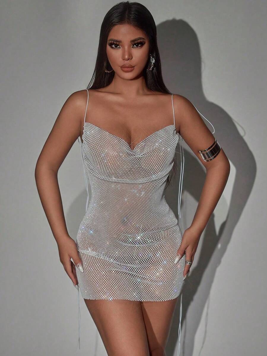 Đầm mini ôm sát gợi cảm, đính đá lấp lánh, chất liệu lưới xuyên thấu, buộc dây vai, thích hợp cho lễ hội Rave và các buổi tối đi chơi, du lịch. - trắng - Xem 1