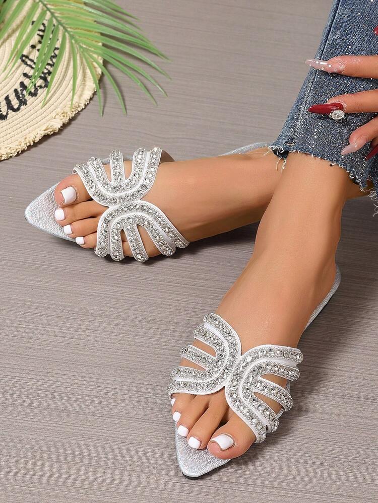 Spring/Summer New H-Shaped Slippers For Women, Fashionable Casual Slip-On Roman Style Slides,Comfortable Slouchy Sandals In Black, Beige, Brown, Flat Embossed Slides Recommended By Fashion Bloggers, Desert Key French Elegant Rhinestone Thick-Soled Wedge Sandals, Summer Beach Shoes,Minimalist Indoor Non-Slip Outdoor Wear Alligator Pattern Sandals,Versatile Flat Metal Decor Slides For Summer - Silver - View 3