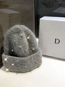 1 szt. Ciężka zdobiona futrem królika i czapką z kryształkami, ciepła, gruba, modna, uniwersalna, słodka, dzianinowa czapka na jesień/zimę