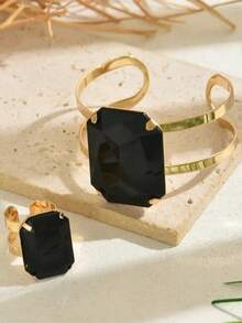 1 Set 2pcs High-End Retro Faux Jade & Crystal Embedded Acrylic Bracelet & Ring Jewelry Set - C Black - View 2