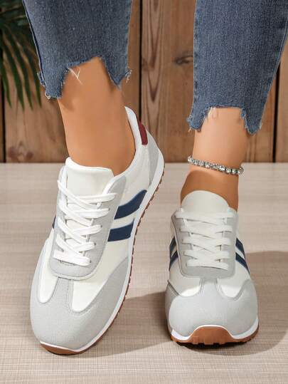 New Autumn Fashion Bicolor Sports Shoes, Made Of Soft, Comfortable And Breathable Premium PU Material, Classic Beige Uppers With Contrasting Navy Blue Stripes, Fashionable And Versatile, Comfortable And Durable, Lightweight And Non-Slip Outsole, Suitable For Daily Wear, Commuting, Dating, Casual Strolling And Other Occasions, Women's Casual Sports Sneakers