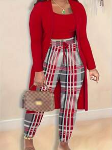 Fashionable Casual Fit Plus Size Women's Three-Piece Suit - Đỏ - Xem 3