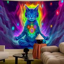 1 pièce Tapisserie murale imprimée avec un style de méditation mandala lumineux, un cosmos planétaire et un chat, en matériau polyester moderne. Décoration murale pour chambre, salon, bureau. Facile à installer.