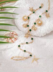 1 pieza Cadena para los dedos de los pies con diseño de nicho elegante, imitación de gema verde, estrella de mar y concha, adecuada para uso en resorts de playa para mujeres