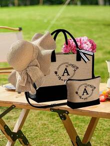 3pcs/Set Women'S Beach Tote Bag With Shoulder Straps,With Women'S Beach Hat And A Makeup Bag,Letter A-Z Beach Accessories Bag,Personalized Gift Bag With Side Pockets, Beach Bag With Scarf, Women'S Khaki Wave Beach Sun Hat - Khaki - View 4